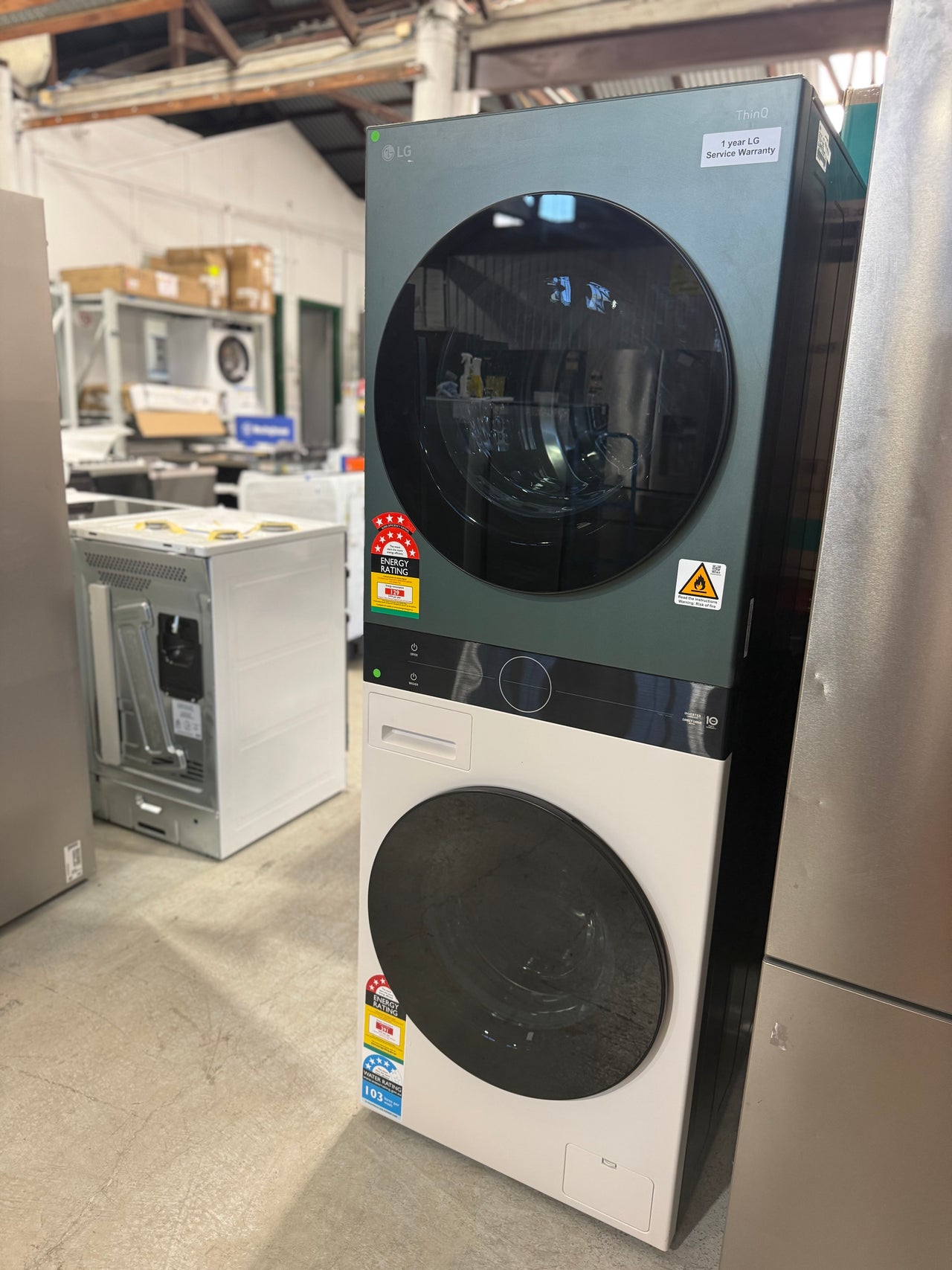 LG 12kg/9kg WashTower All-In-One Stacked Washer Dryer Forest Green and Beige WWT-1209FGB - Second Hand Appliances Geebung