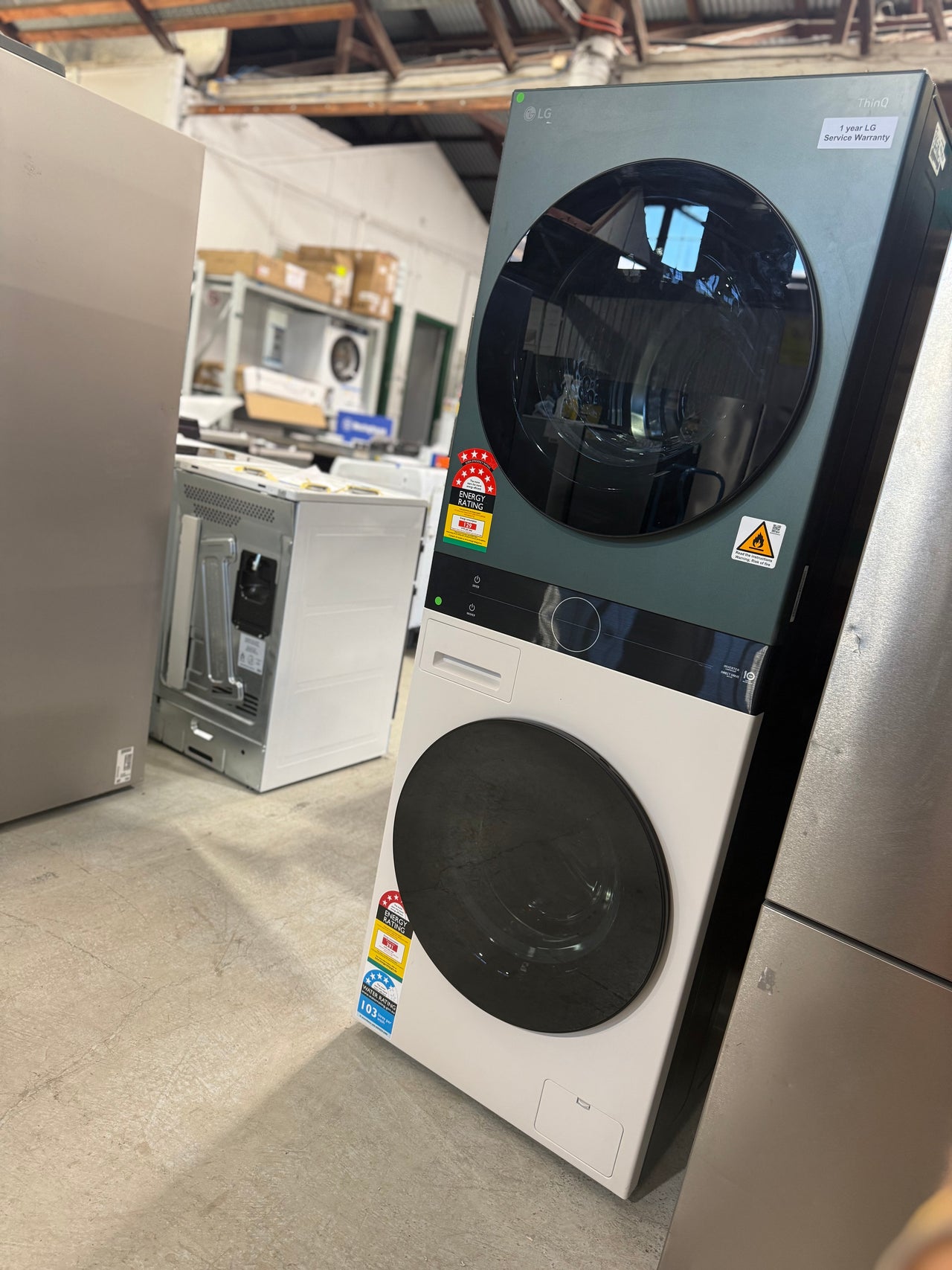 LG 12kg/9kg WashTower All-In-One Stacked Washer Dryer Forest Green and Beige WWT-1209FGB - Second Hand Appliances Geebung