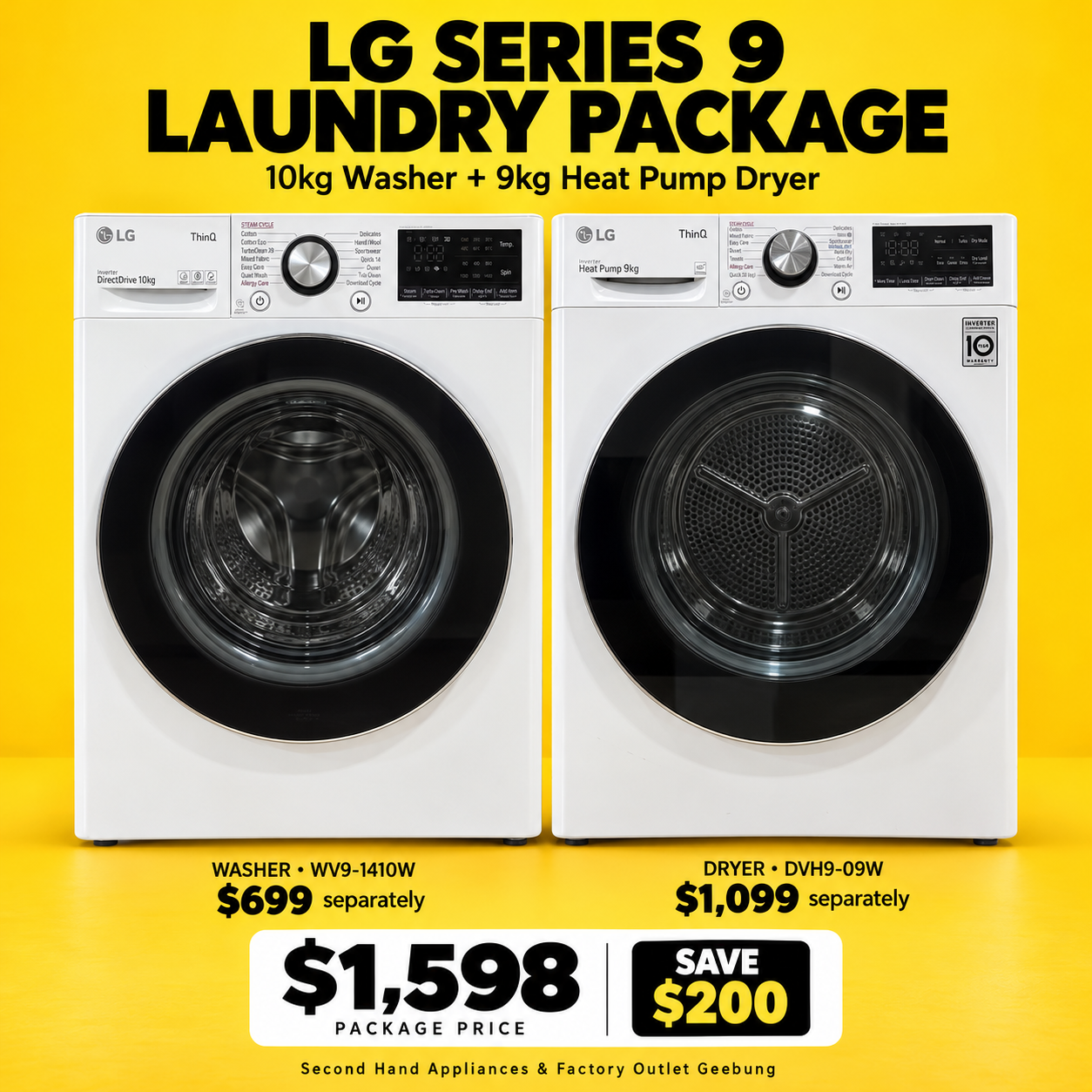 Laundry Package/Factory second 10kg Washing Machine WV9-1410W + 9kg Heat Pump Dryer DVH9-09W - Second Hand Appliances Geebung