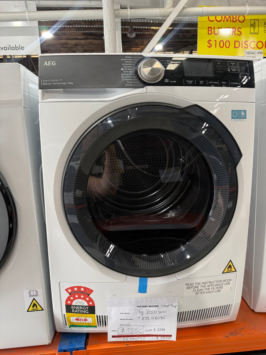Laundry Package/Factory second AEG 10kg Front Load Washing Machine LF8516O8O + AEG 9kg Heat Pump Dryer T859M6OBC - Second Hand Appliances Geebung