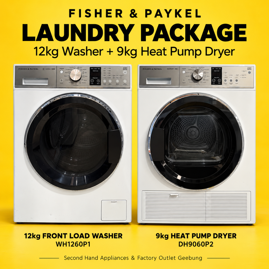 Laundry Package/Factory second Fisher&Paykel 12kg front loader washing machine WH1260P1 + 9kg Fisher&Paykel Heat Pump Dryer DH9060P2 - Second Hand Appliances Geebung