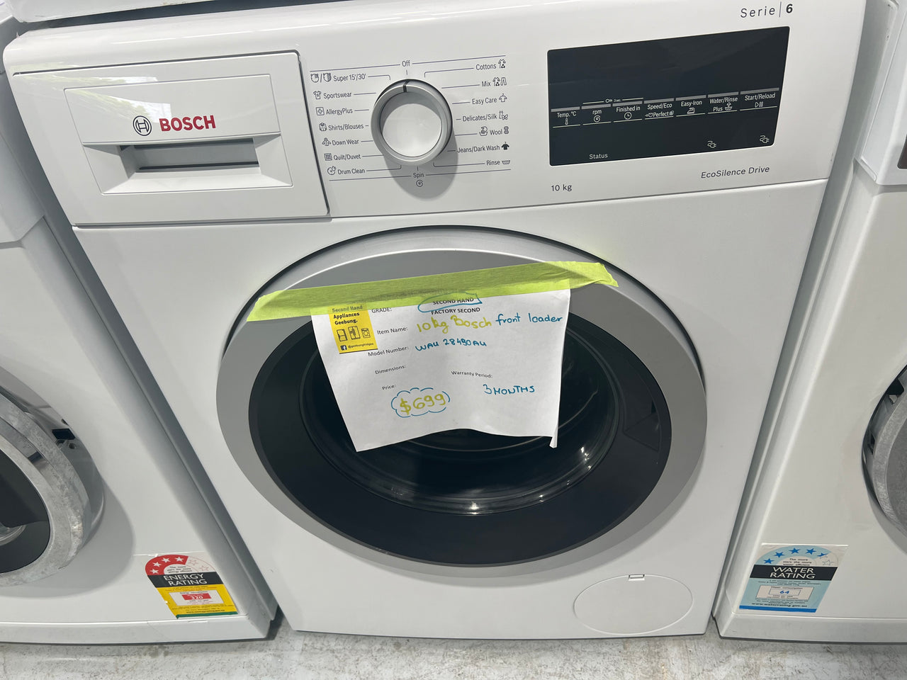 Second hand Bosch 10kg Serie 6 Front Load Washing Machine Model: WAU28490AU - Second Hand Appliances Geebung