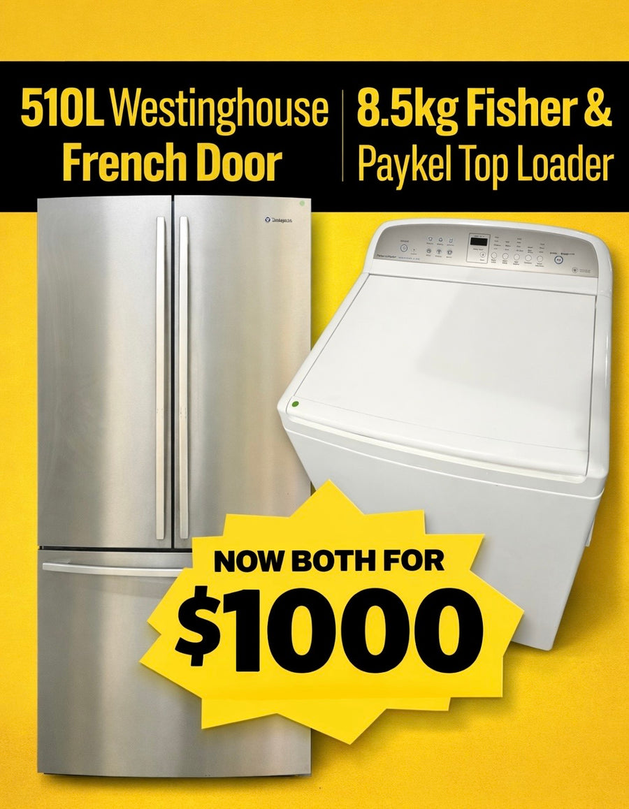 Second hand 💥 Fridge + Washer Bundle Deal – Both for Just $1000! 💥Westinghouse WHE5100SA 510L French door + 8.5kg Fisher&Paykel front loader WA8560G1 - Second Hand Appliances Geebung