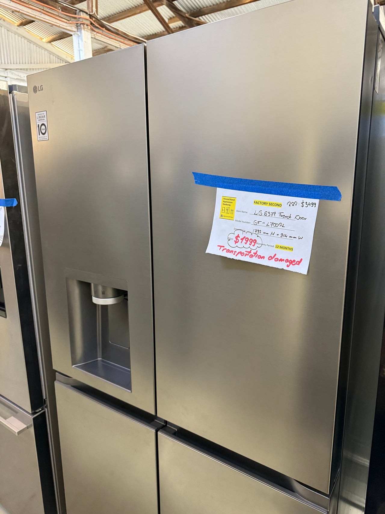 Transportation damaged LG 637L French Door Fridge with Ice and Water Stainless Steel Model: GF-L700PL - Second Hand Appliances Geebung