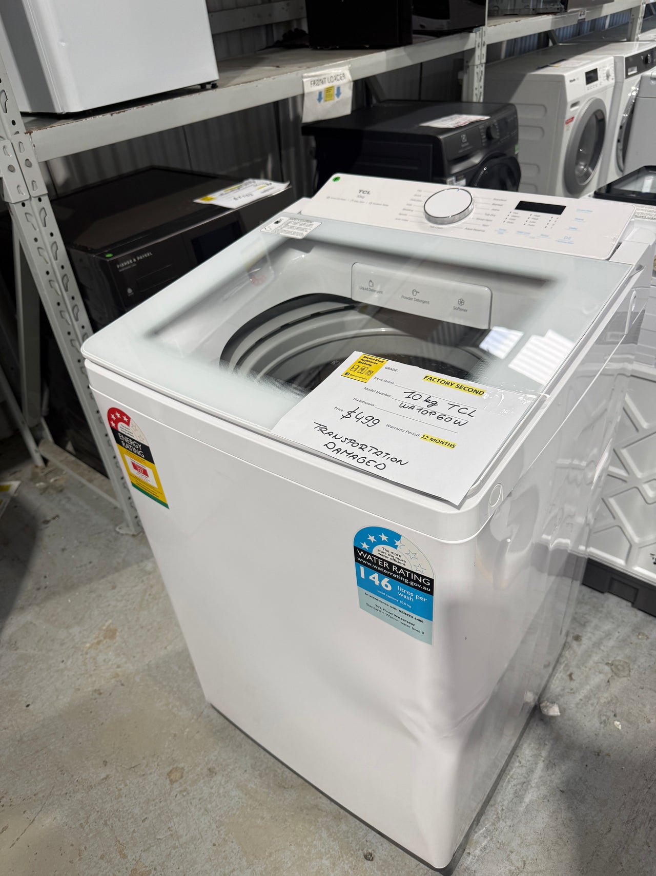 Transportation damaged TCL 10kg Top Load Washing Machine – White WA10P60W - Second Hand Appliances Geebung
