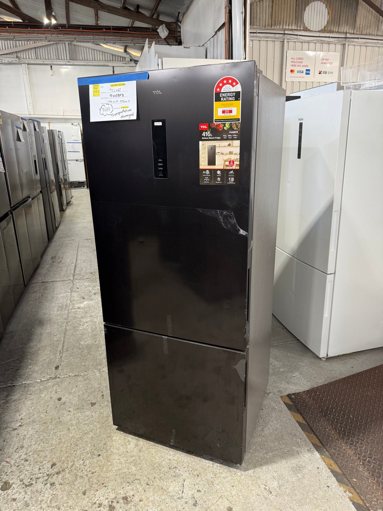 Transportation damaged TCL 416L Bottom Mount Refrigerator Model: P445BFB - Second Hand Appliances Geebung