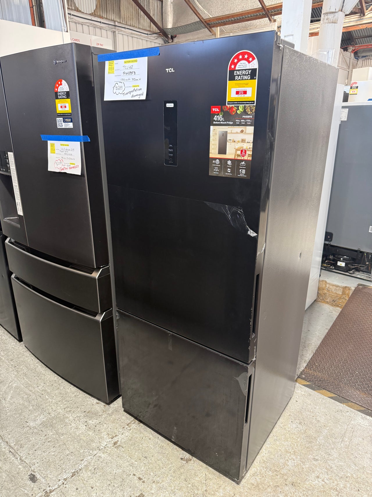 Transportation damaged TCL 416L Bottom Mount Refrigerator Model: P445BFB - Second Hand Appliances Geebung