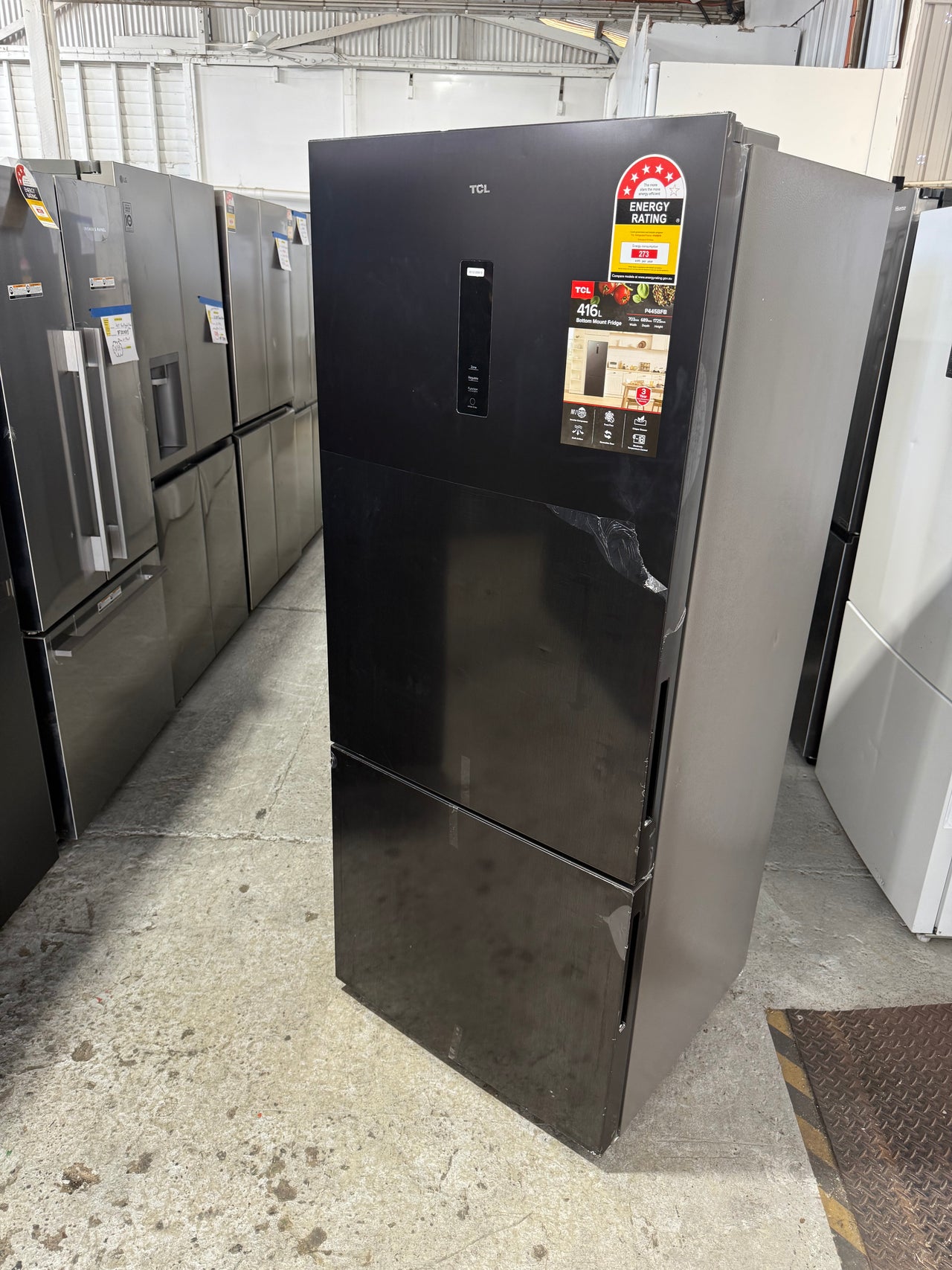 Transportation damaged TCL 416L Bottom Mount Refrigerator Model: P445BFB - Second Hand Appliances Geebung