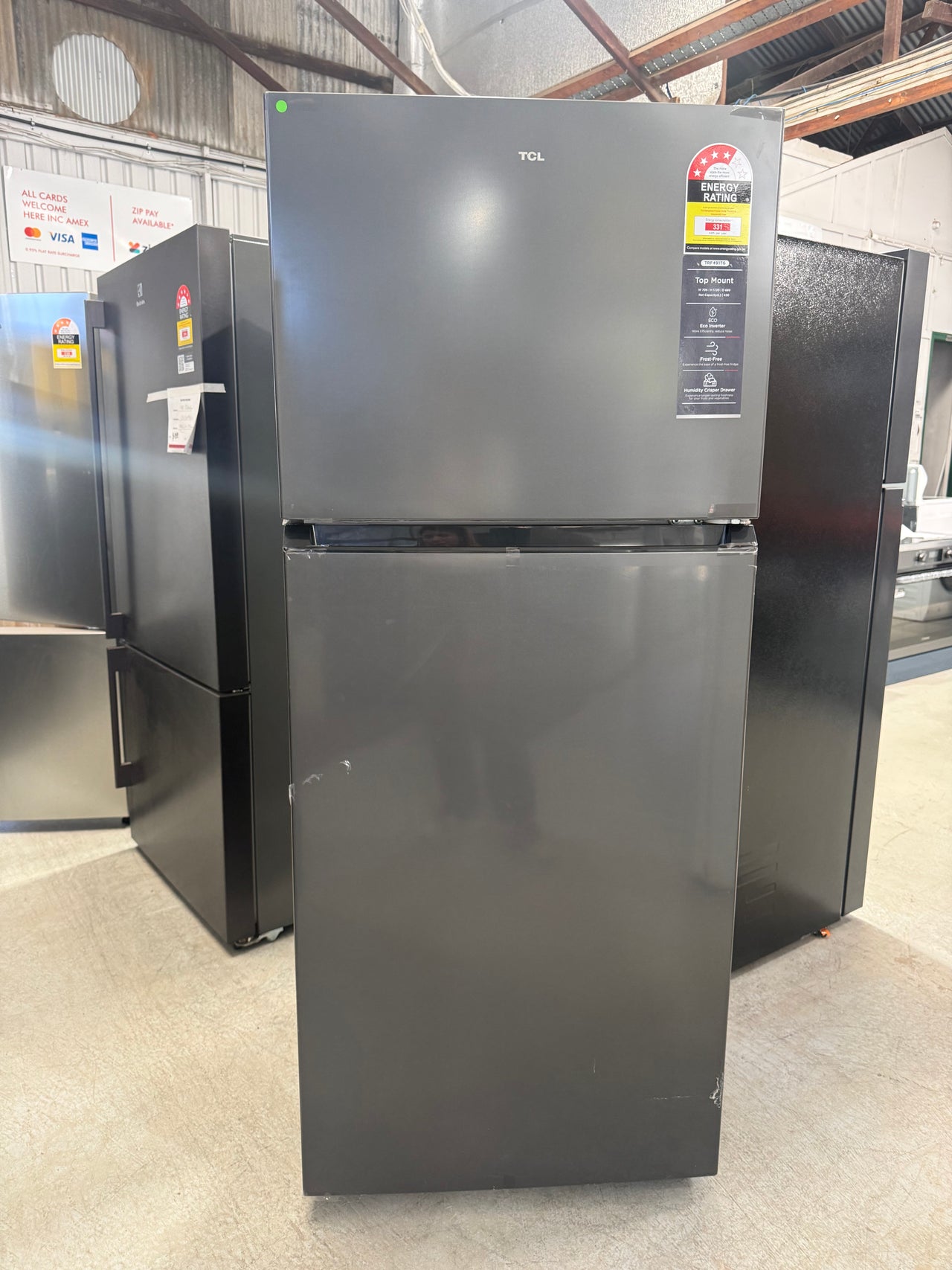 Transportation damaged TCL TRF491TG 420L Top Mount Refrigerator – Crystal Ash Grey - Second Hand Appliances Geebung
