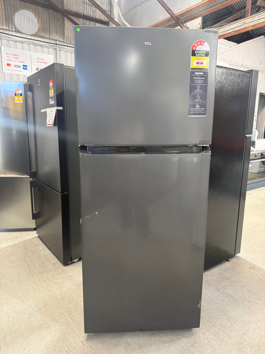 Transportation damaged TCL TRF491TG 420L Top Mount Refrigerator – Crystal Ash Grey - Second Hand Appliances Geebung