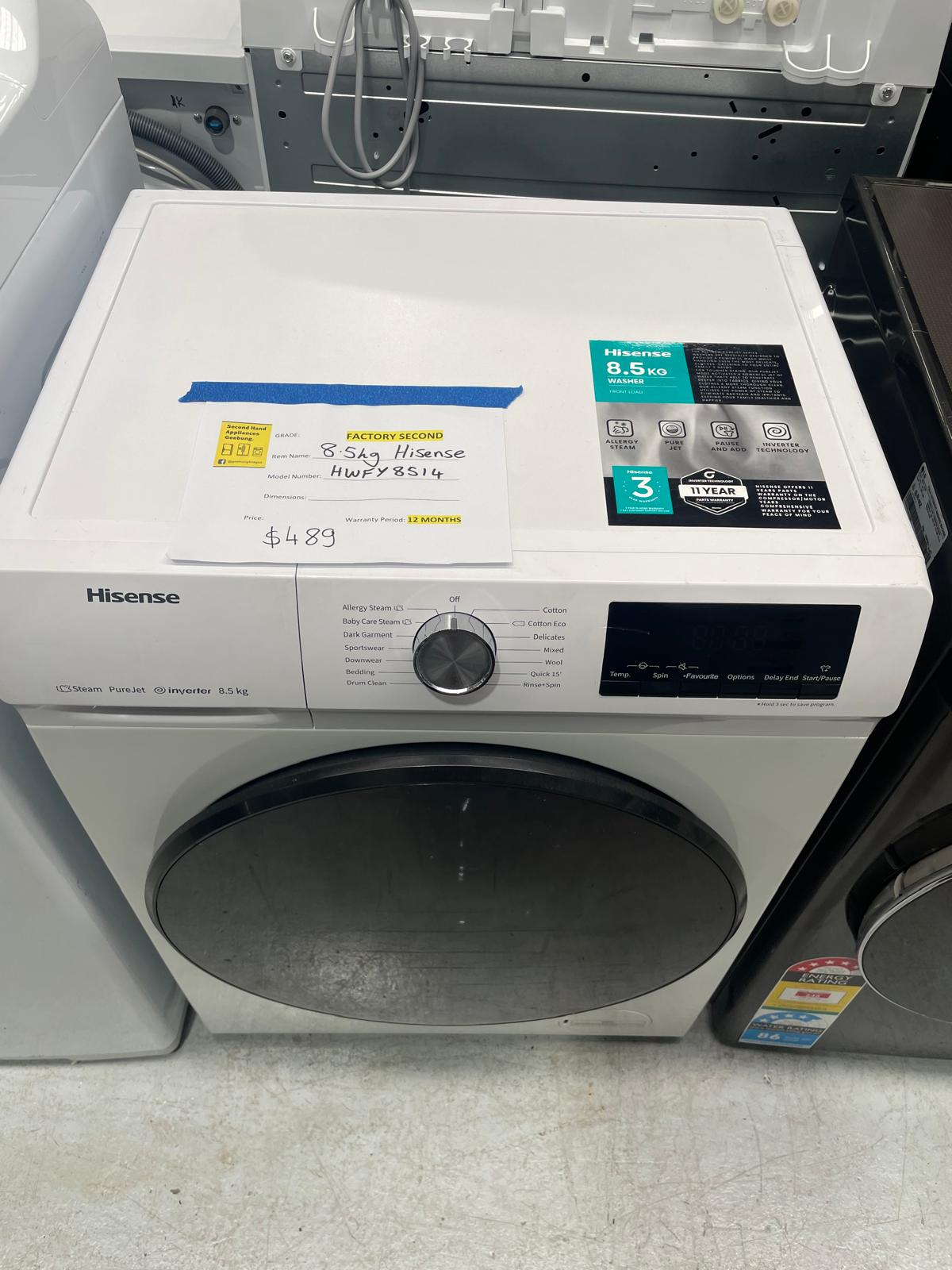 Factory second Hisense HWFY8514 8.5kg White Front Load Washing Machine